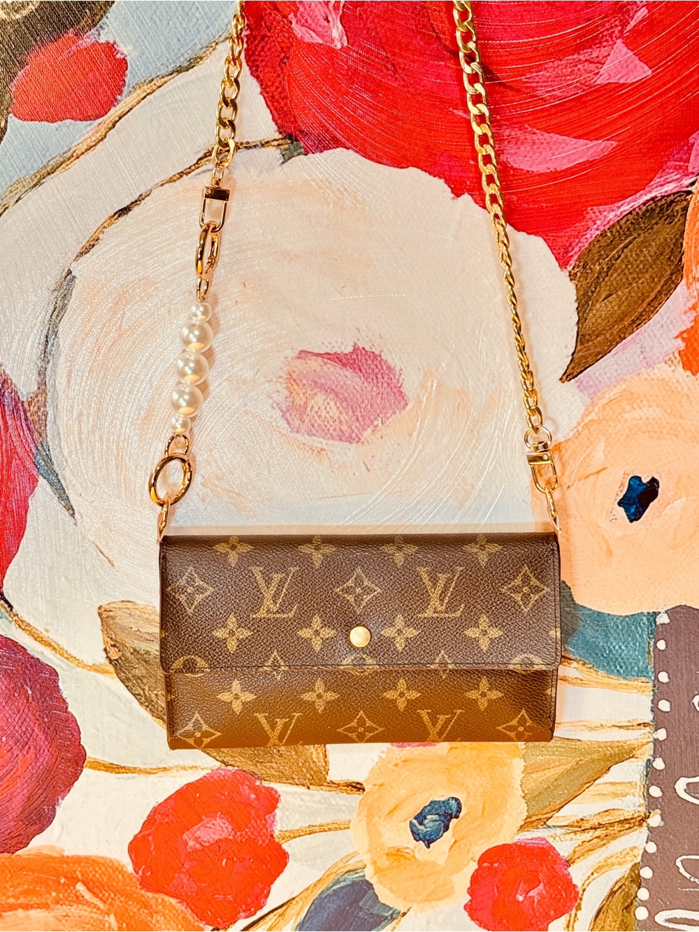 Louis Vuitton Brown Monogram Wallet Crossbody with Pearl Charm and Gold Chain - Picture 8 of 14